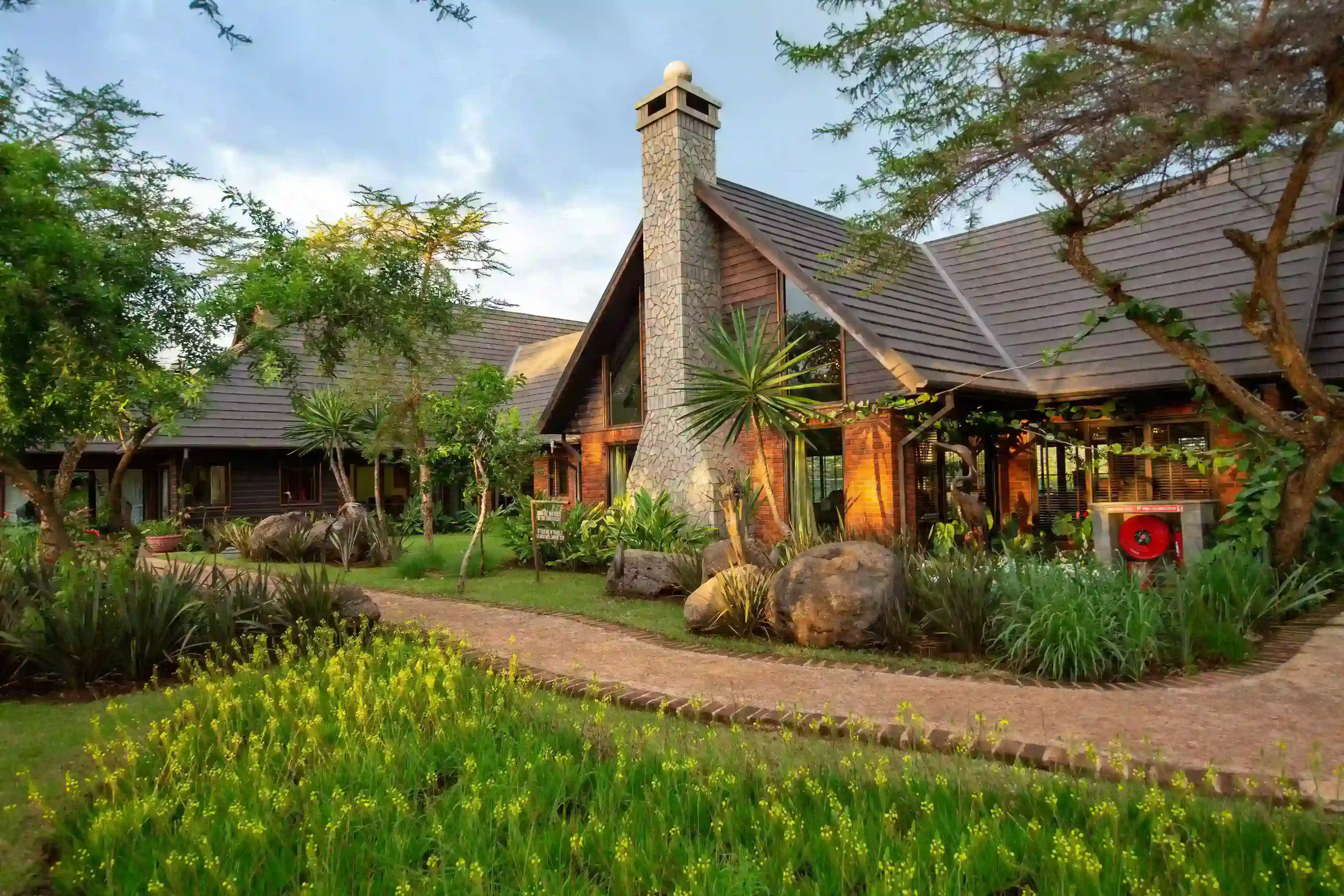 Luxury safari lodge lounge at dusk